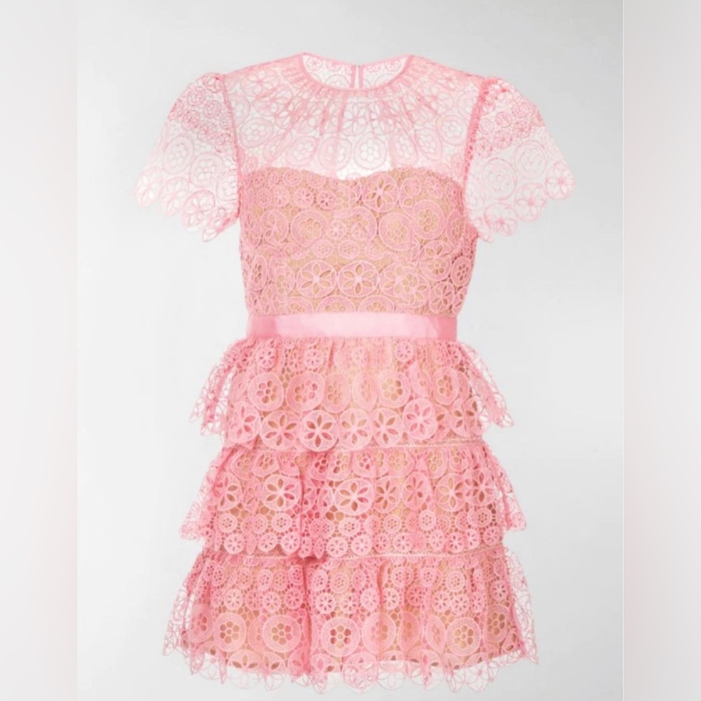 Self portrait pink tiered lace mini dress